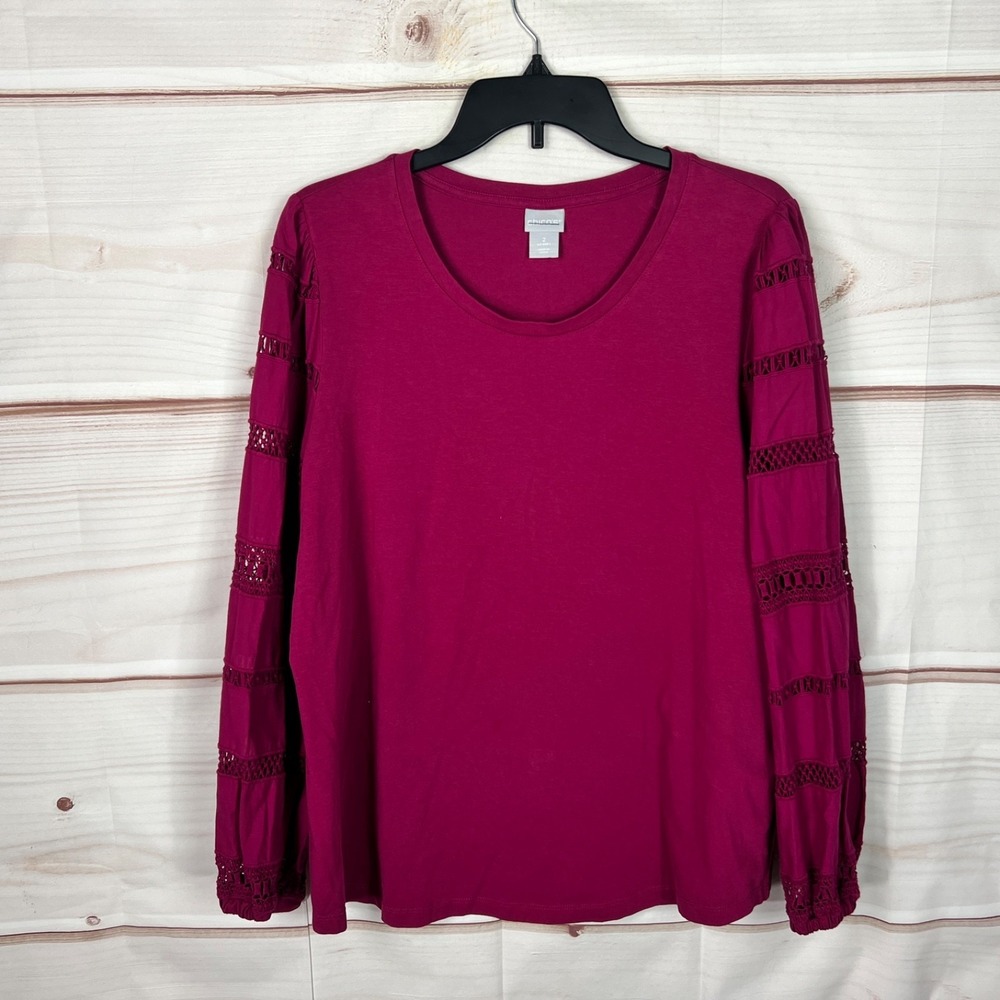 Chicos Top Womens 2 Large Pink‎ Lace Trim Sleeve Blouse Knit Woven Round Neck